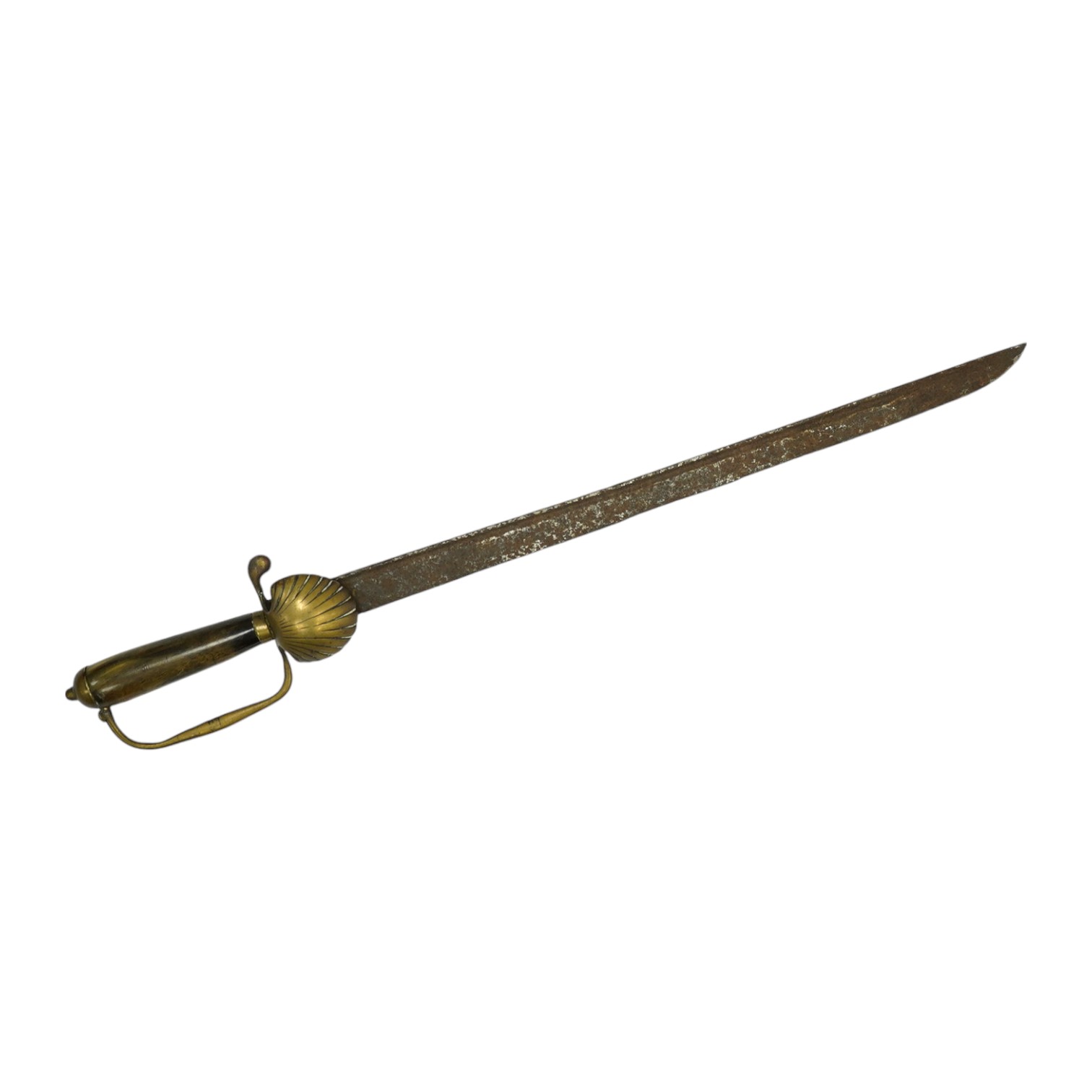 A horn gripped hunting short sword, brass hilt blade now heavily pitted, blade 45.5cm. Condition - poor